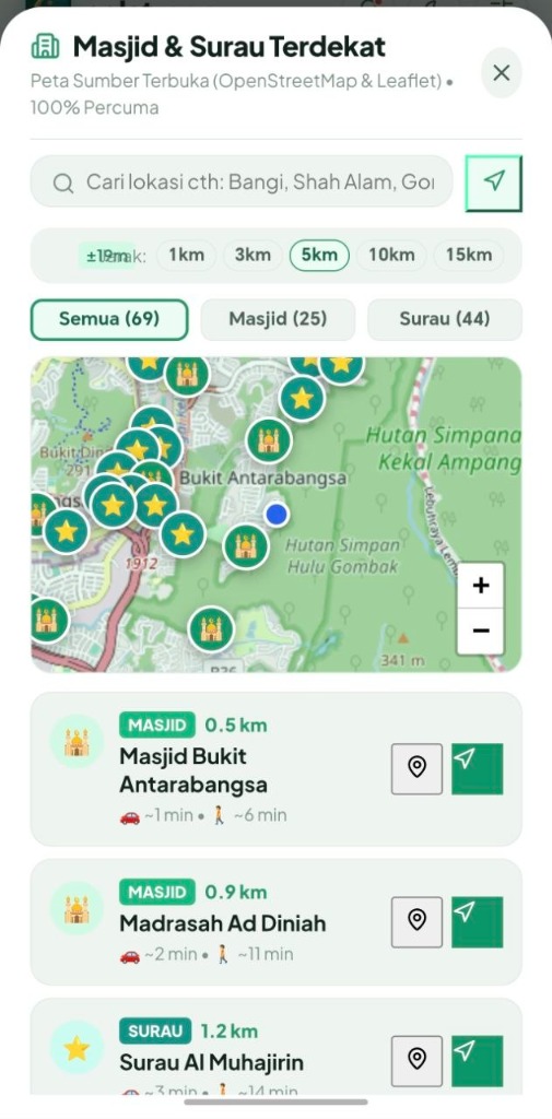 Aplikasi cari masjid dan surau terdekat OpenStreetMap