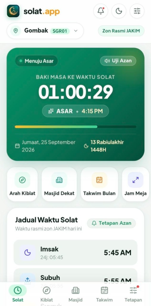 Aplikasi Waktu Solat solat.app antaramuka waktu azan JAKIM