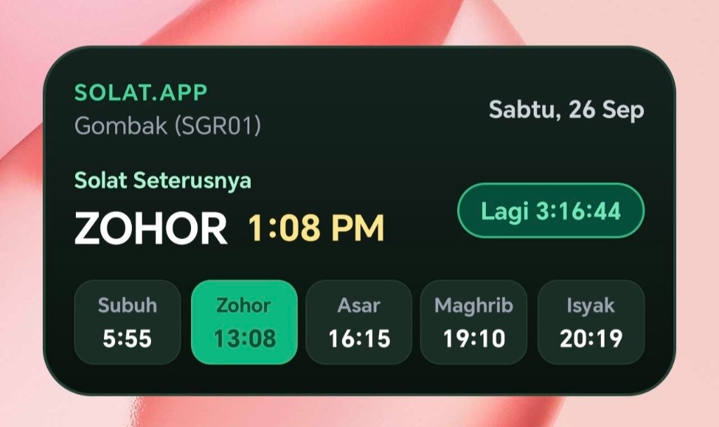 Widget waktu solat Android skrin utama telefon solat app